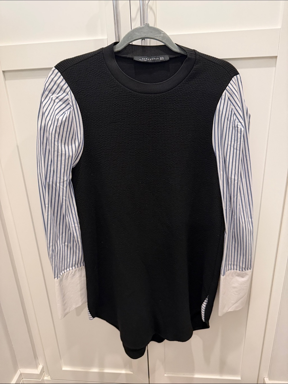 Zara Black Knit Pullover with Blue-Striped Shirt Sleeve Dress